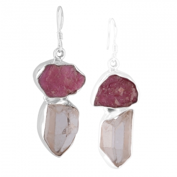 925 silver ruby & crystal rough stone earrings