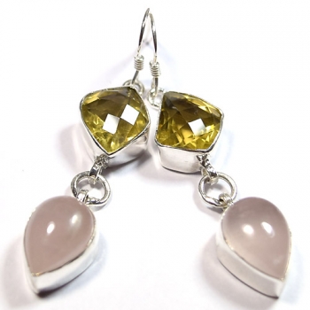 Pure silver lemon & rose quartz earrings