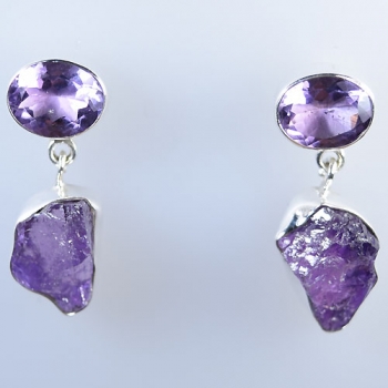 Purple stone two stone silver drop earrings