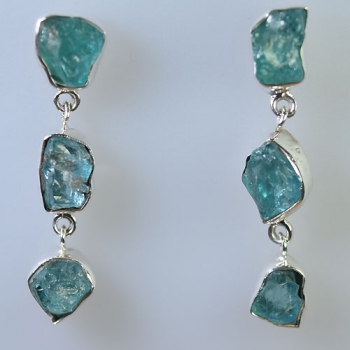Solid silver three stone raw stone dangle earrings