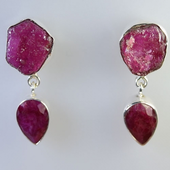 red valentine raw ruby two stone drop earrings