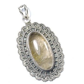 Ethnic Indian design 925 sterling silver oxidized finish rutilated quartz pendant jewelry