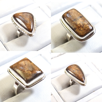 Gold Glitter Bronzite Stone Silver Ring