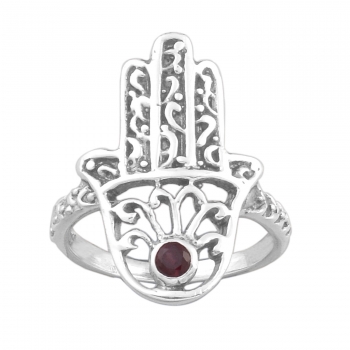 Red Garnet Hamsa Silver Ring 