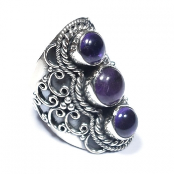 Stunning design handcrafted purple amethyst triple stone sterling silver ring for women
