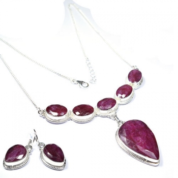 925 sterling silver red ruby quartz necklace & earrings set