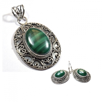 Oxidized finish stunning ornate design 925 sterling silver malachite jewellery set 