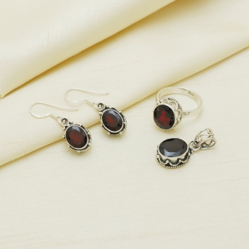 red garnet top quality 3 pcs sterling silver jewellery set