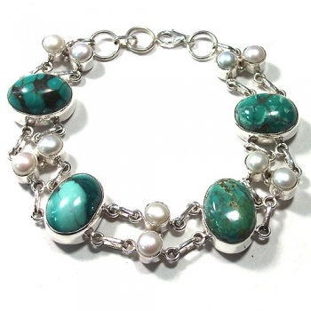 Handcrafted pure silver pearl and turquoise bracelet