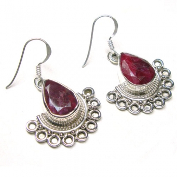 Antique design pure silver red ruby quartz handcrafted teardrop earrings