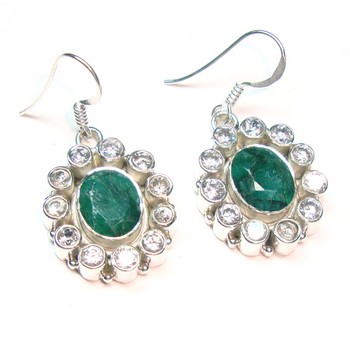 Ethnic Indian design green emerald quartz 925 sterling silver round cz earrings