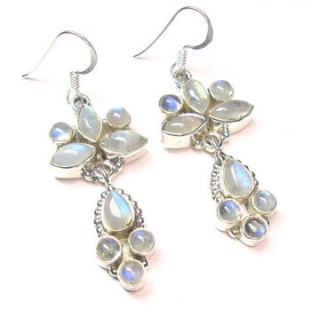 Ethnic Indian design pure silver rainbow moonstone dangle earrings