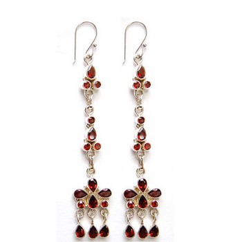 Pure silver high design long dangle red garnet statement style earrings for women