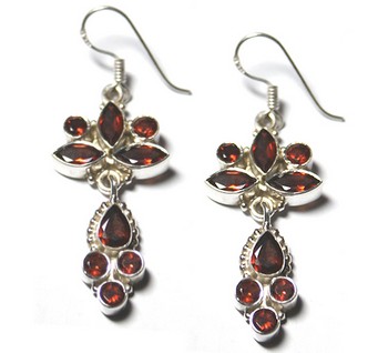Ethnic Indian design pure silver red garnet dangle earrings 