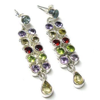 Indian design genuine gemstones 925 sterling silver handcrafted dangle earrings