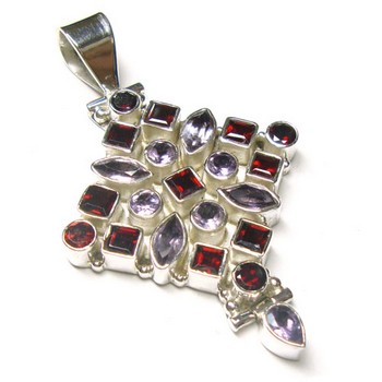 Pure silver amethyst and garnet high style pendant