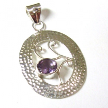 Hammered finish purple amethyst pure silver fashion pendant 