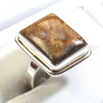 Gold Glitter Bronzite Stone Silver Ring
